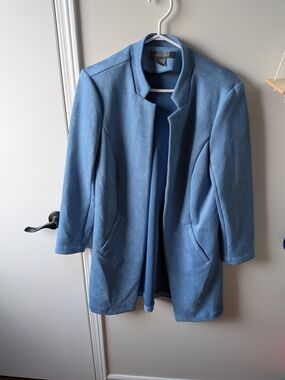 Suzy Shier Dusty Blue Collarless Trench Coat